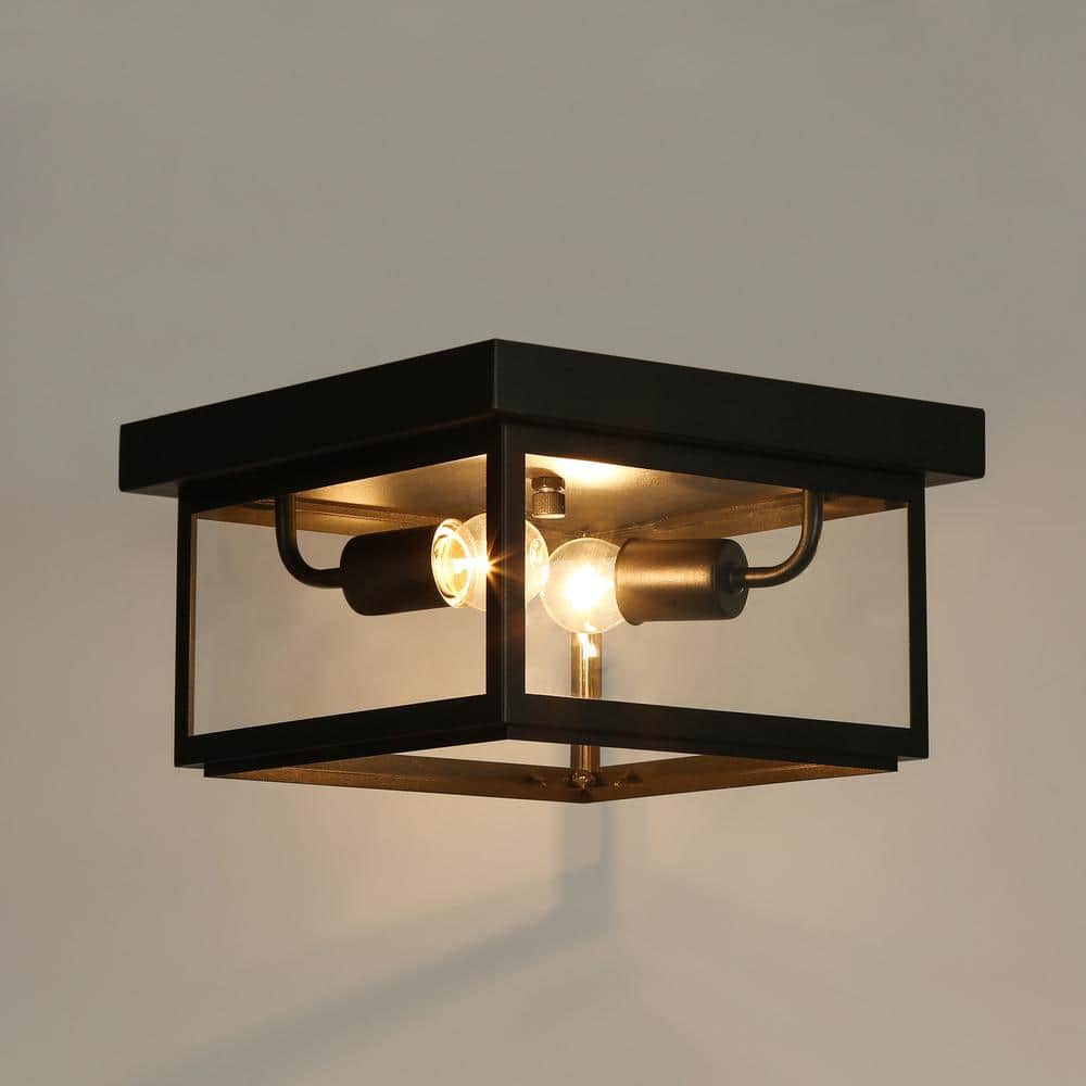 Modern Matte Black 2-Light Flush Mount with Clear Glass Shade