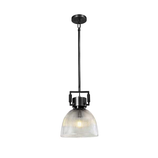 PUYRNF 40-Watt 9.9 in. 1-Light Metal Adjustable Hanging Length Black Pendant Light with Glass Shade Down Rod for Kitchen Island