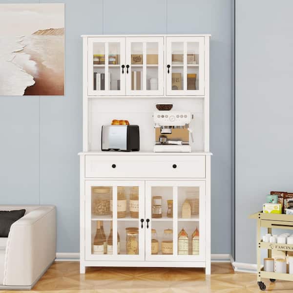 White Wood 39.37 in. W Buffet Food Pantry with Adjustable Shelves, 5 Glass Doors and Storage