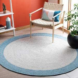 Braided Ivory/Blue 4 ft. x 4 ft. Border Solid Color Round Area Rug