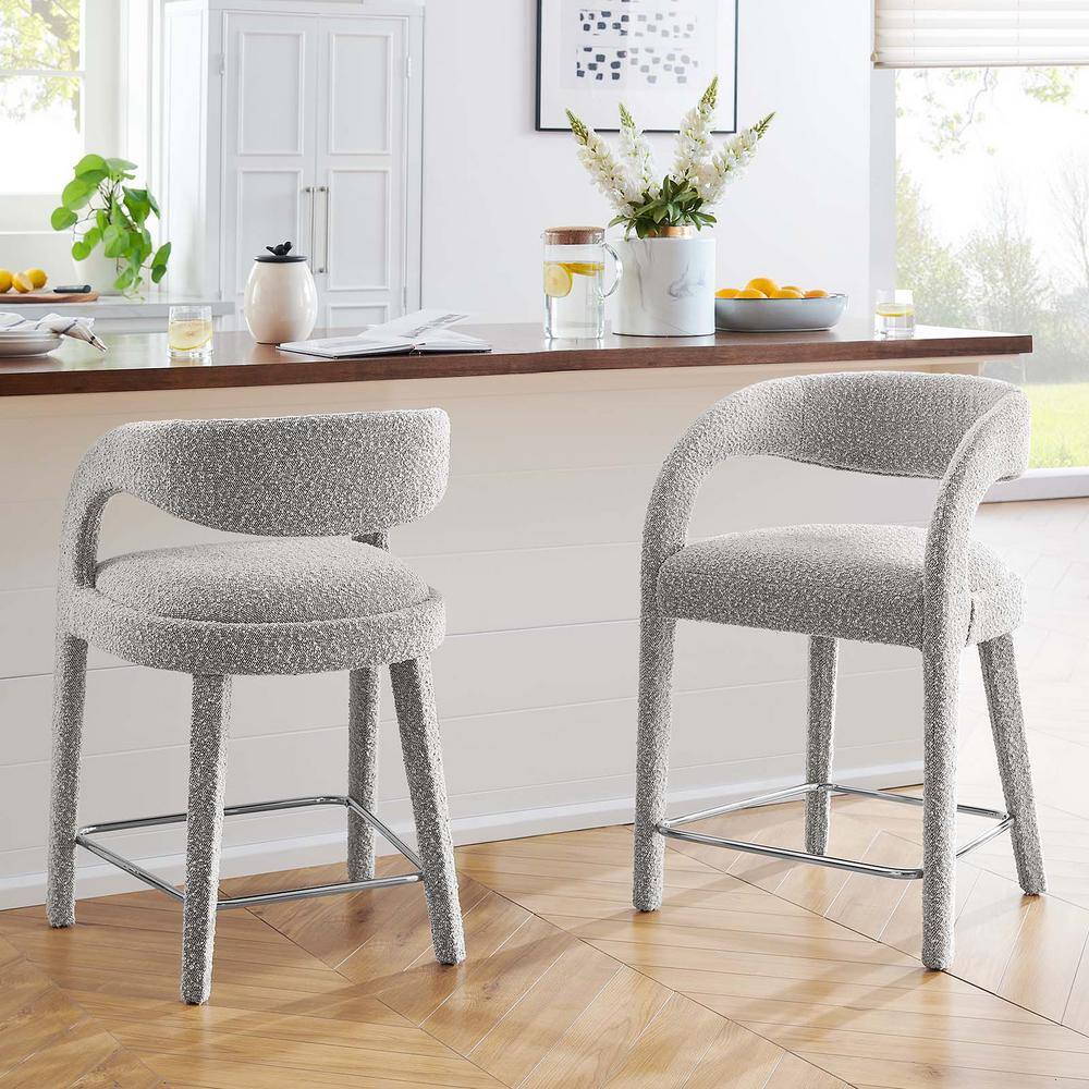 Taupe Silver Boucle Upholstered Counter Stools with Metal Legs, Set of 2
