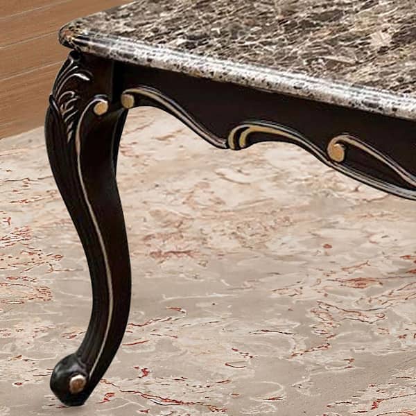 Katie 48 in. Dark Walnut Rectangle Marble Coffee Table with Cabriole Legs and Gold Highlights
