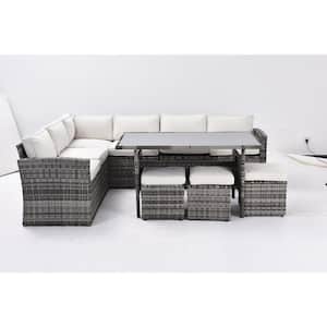 7-Piece Grey PE Rattan Metal Steel Iron Outdoor Sectional Sofa with Backrest and Removable Beige Cushions, Dining Table