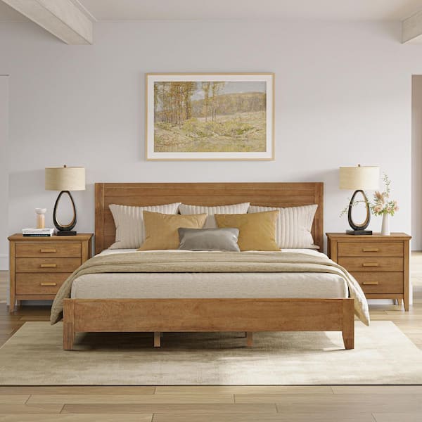 Lessio Light Brown 3-Drawer 25.8 in. W Solid Wood Nightstand Bedside Table with Vintage Brass Handles (Set of 2)