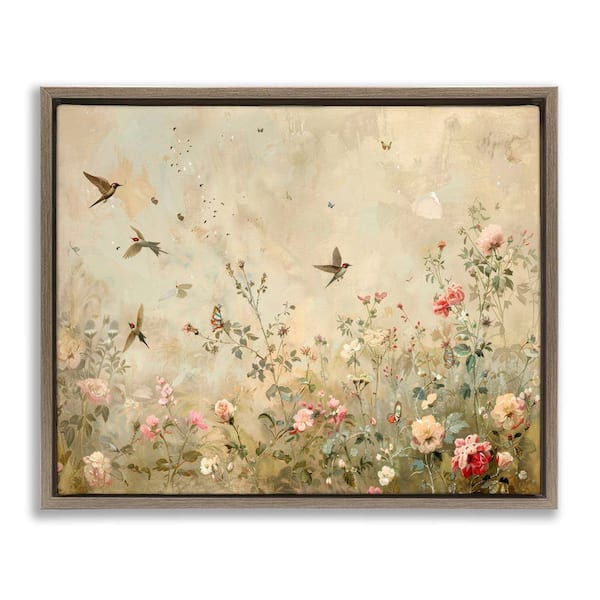 Swallows in Flower Meadow by Arlington Prints Brown Floater Frame Nature Graphic Art Print 25 in. x 31 in.