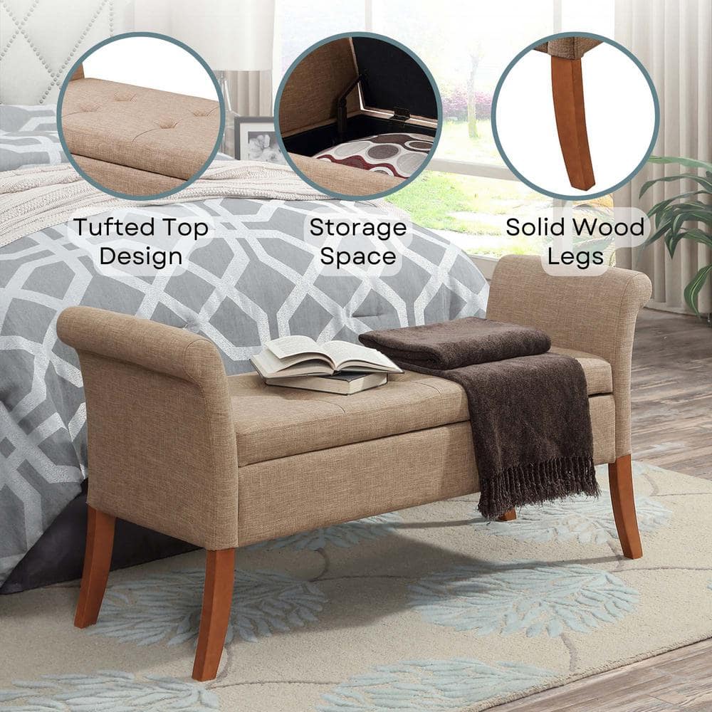 Classic Tan Fabric Rolled Arm Storage Bench with Solid Wood Feet