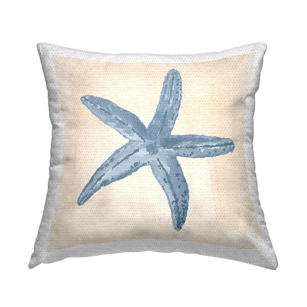 Beige Starfish Beach Life Blue Square Outdoor Throw Pillow
