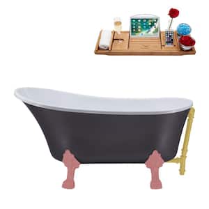 55 in. x 26.8 in. Acrylic Clawfoot Soaking Bathtub in Matte Grey with Matte Pink Clawfeet and Brushed Gold Drain