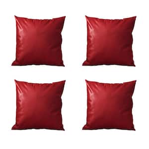 Bohemian Handmade Vegan Faux Leather Red 17 in. x 17 in. Square Solid Throw Pillow (Set of 4)