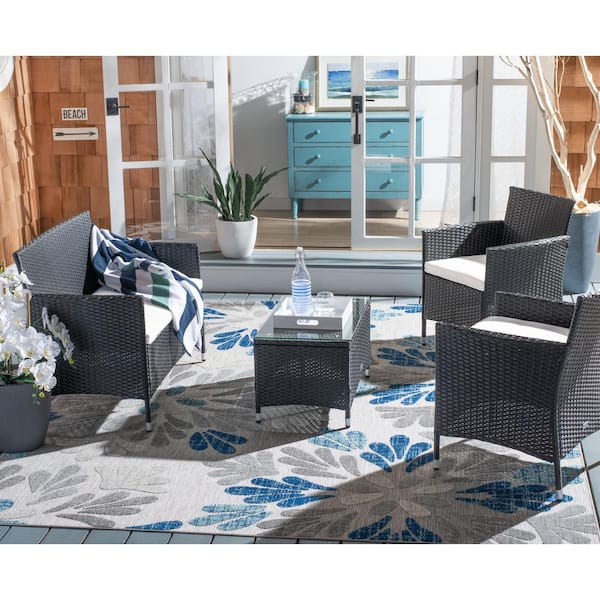 Bandele Black 4-Piece Wicker Patio Conversation Set with Beige Cushions