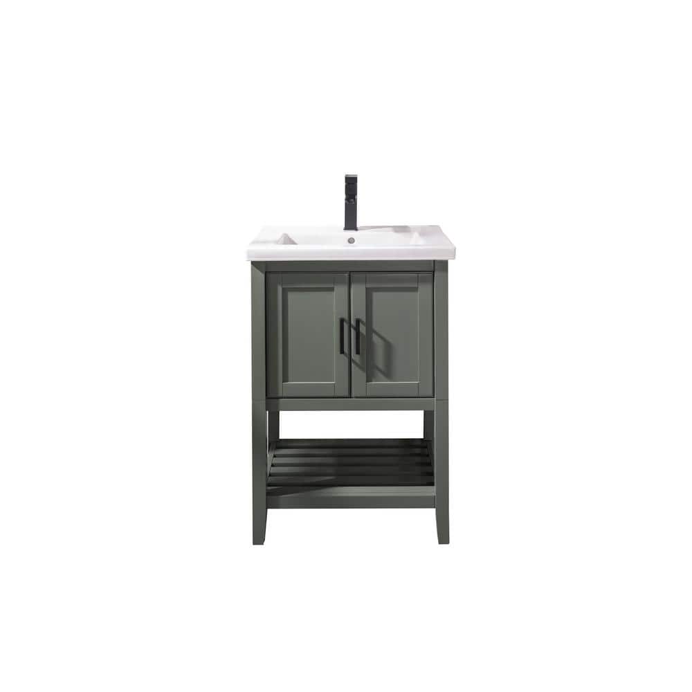 24-inch Pewter Green Solid Poplar Vanity with White Ceramic Sink