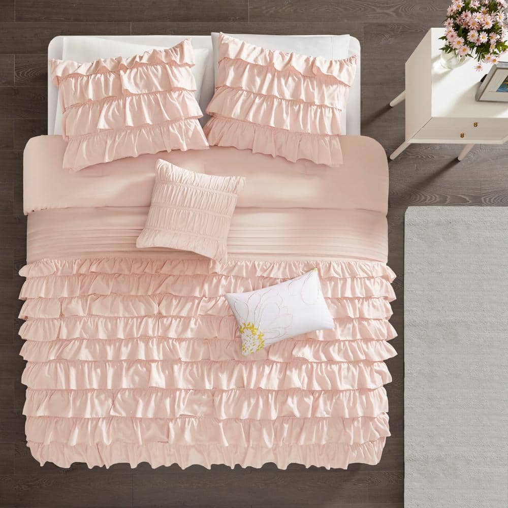 Blush Microfiber Ruffle Reversible Full Comforter Set