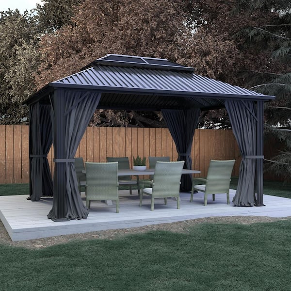 VEIKOUS 12 ft. W x 10 ft. L x 9.4 ft. H Aluminum Double Hardtop Gazebo with Grey Curtains and Netting and Polycarbonate Panel