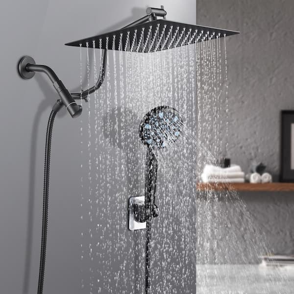 Rainfull 2-in-1 9-Spray Patterns with 1.8 GPM 12 in. Wall Mount Dual Shower Head and Handheld Shower Head in Black