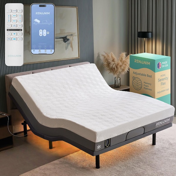 Renanim Gray Adjustable Bed Frame King with 12 in. Hybrid Mattress, USB, Under Bed Light, App Control Adjustable Bed Base