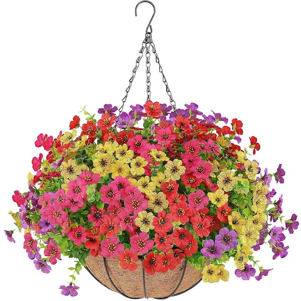 Afoxsos 12in. Green Artificial Hanging Plant Basket with UV-Resistant Flowers 21 in. H