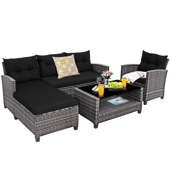 4-Piece Plastic Wicker Outdoor Sectional Set with Black Cushion Patio Rattan Furniture Set Sofa Ottoman Garden Deck