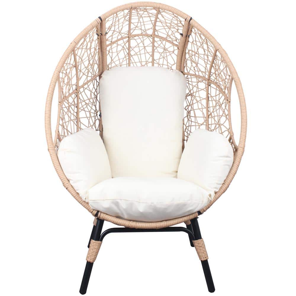 Natural Color Wicker Patio Egg Lounge Chair with Beige Cushion Water and Su