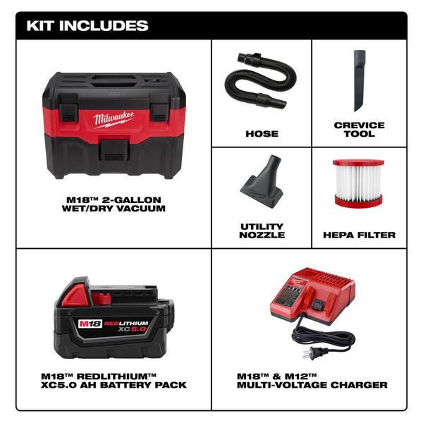 Milwaukee - M18 18-Volt Lithium-Ion Cordless 2 Gal. Wet/Dry Vacuum with (1) 5.0Ah Battery and Charger