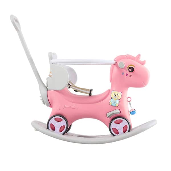 4 in. HDPE Tires Balance Kids Car, Rocking Horse with Push Handle, Backrest and Balance Board, Pink