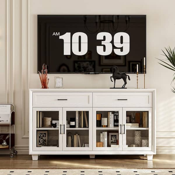 Light Oak Finish Wood 63 in. Sideboard with 2 Drawers and 4 Glass Doors with Adjustable Shelves