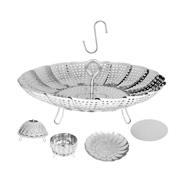 Expandable Stainless Steel Steamer Basket Mirror Finish Silver Food Steamer with S-Hook and Silicone Cloth, 1-Piece