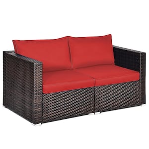 Brown 2-Piece Wicker Outdoor Loveseat Sofa with Red Cushions