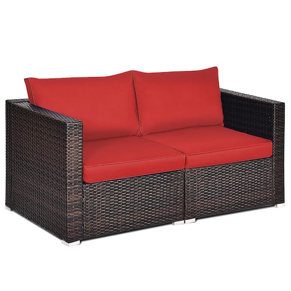 Brown 2-Piece Wicker Outdoor Loveseat Sofa with Red Cushions
