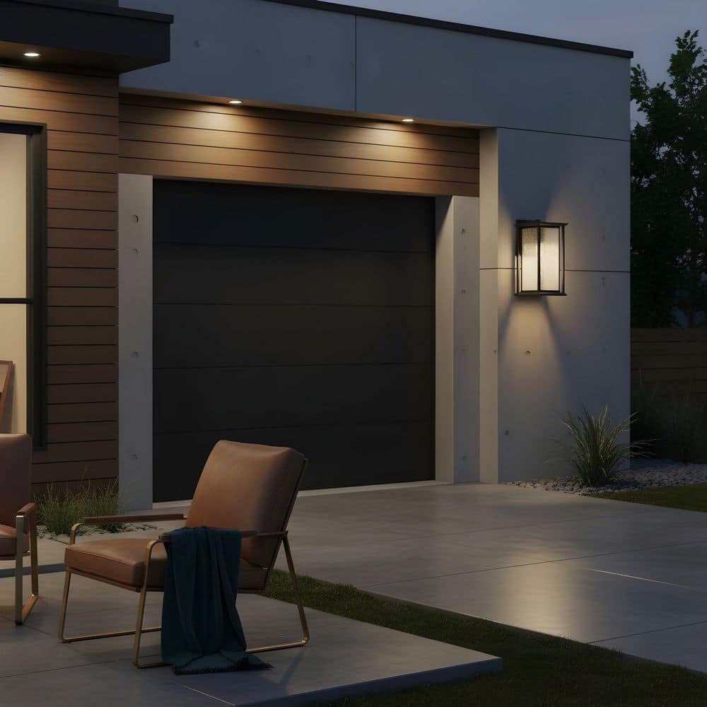 Audley 15in. Textured Black with Distressed Seeded Glass Panels Outdoor Hardwired Lantern Sconce with Integrated LED price history on PriceWatchPro