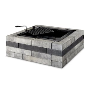 Contemporary 48 in. x 16 in. Square Concrete Wood-Burning Fire Pit Kit in Cascade with Cooking Grate