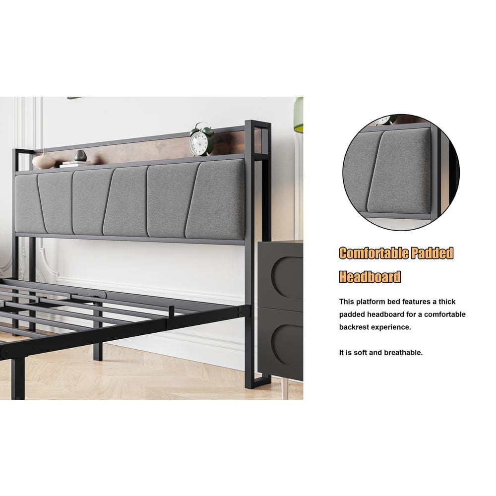 Queen Black Metal Frame Platform Bed with Upholstered Storage Headboard