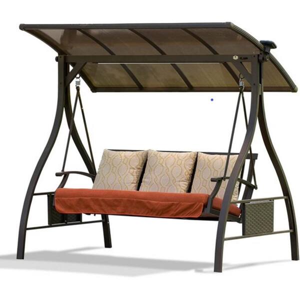 Unbranded 3-Person Brown Steel Porch Swing with Adjustable Canopy and Solar LED Light
