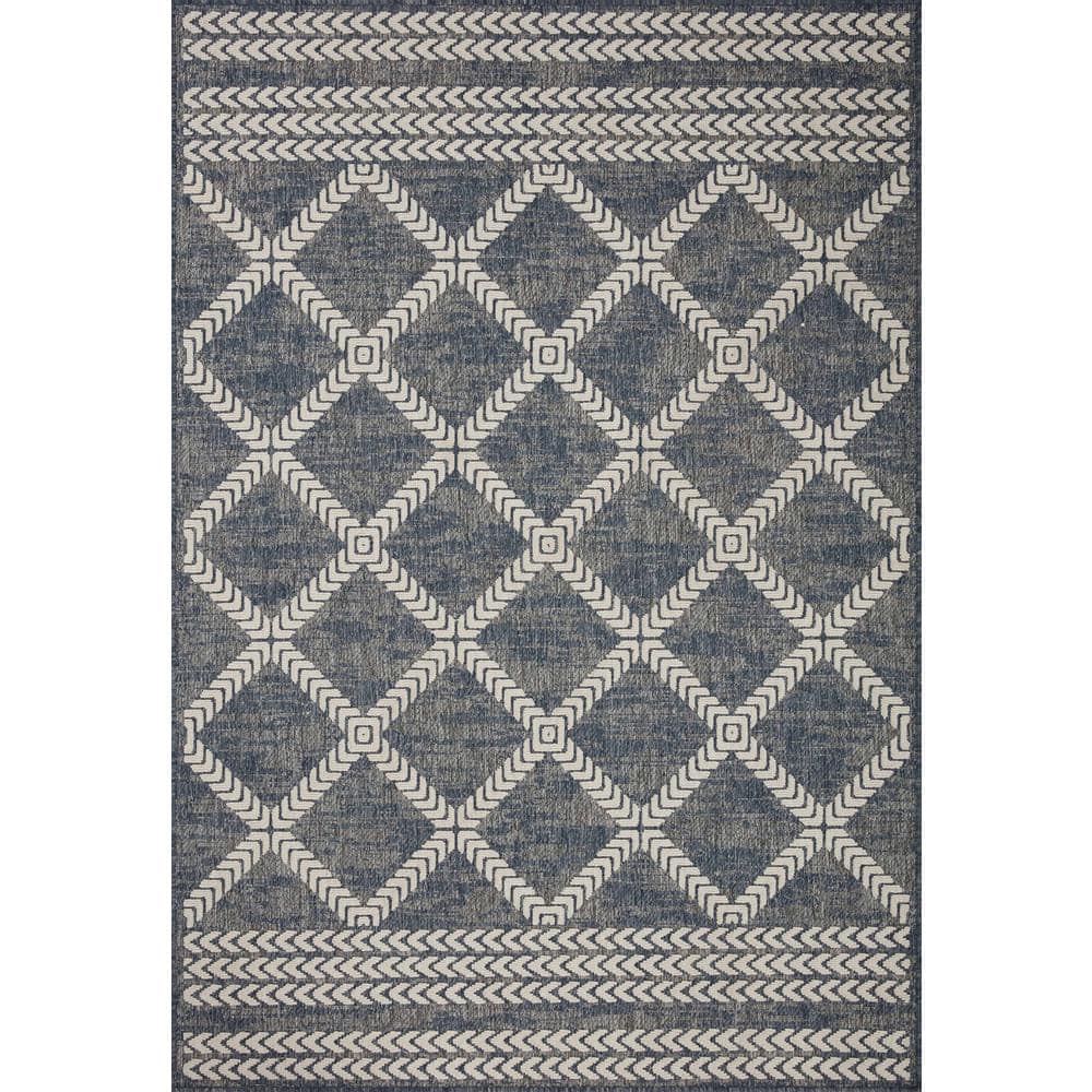 Denim and Ivory Geometric Synthetic Indoor/Outdoor Rug 2'-2" x 3'-9"