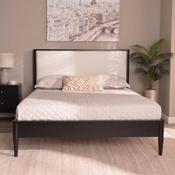 Black Rubber Wood Frame Queen Size Platform Bed with Tapered Legs, Boucle Upholstered Headboard