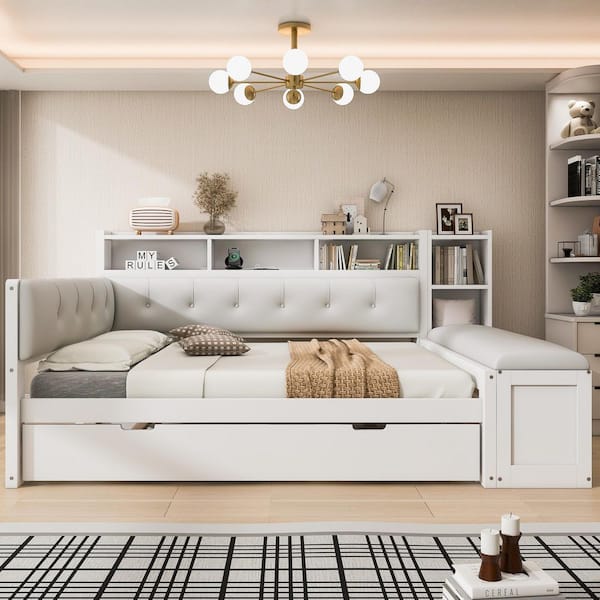 White Full Daybed with Trundle, Storage Shelves, Bench, Charging Station and Upholstered Headboard