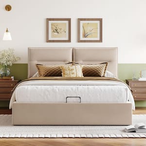 URTR 64 in. W Beige Queen Size Upholstered Platform Bed Frame with a  Hydraulic Storage System, Lift Up Storage Wood Bed T-01423-A - The Home  Depot