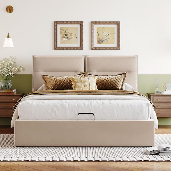 Polibi Beige Wood Frame Queen Size Upholstered Platform Bed with a