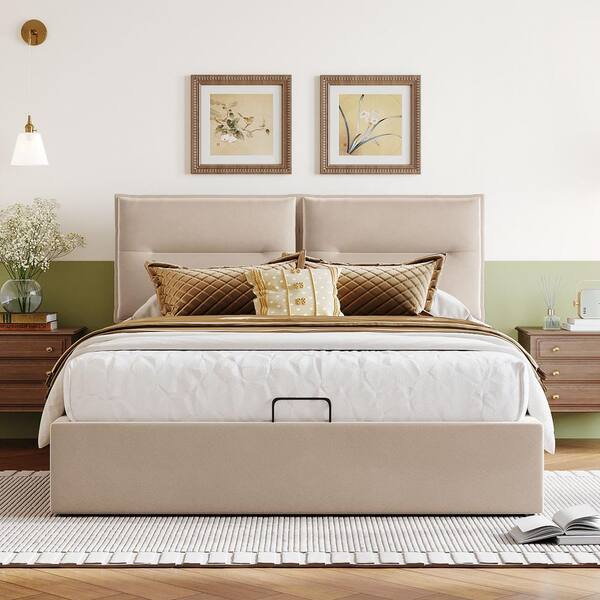 Polibi Beige Wood Frame Queen Size Upholstered Platform Bed with a Hydraulic Storage System