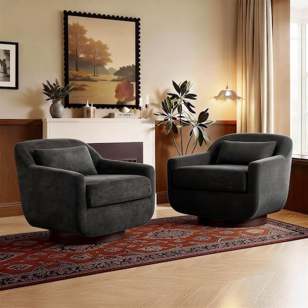 Modern Dark Gray Chenille Upholstered Swivel Accent Barrel Chair With Lumbar Pillow  (Set of 2)