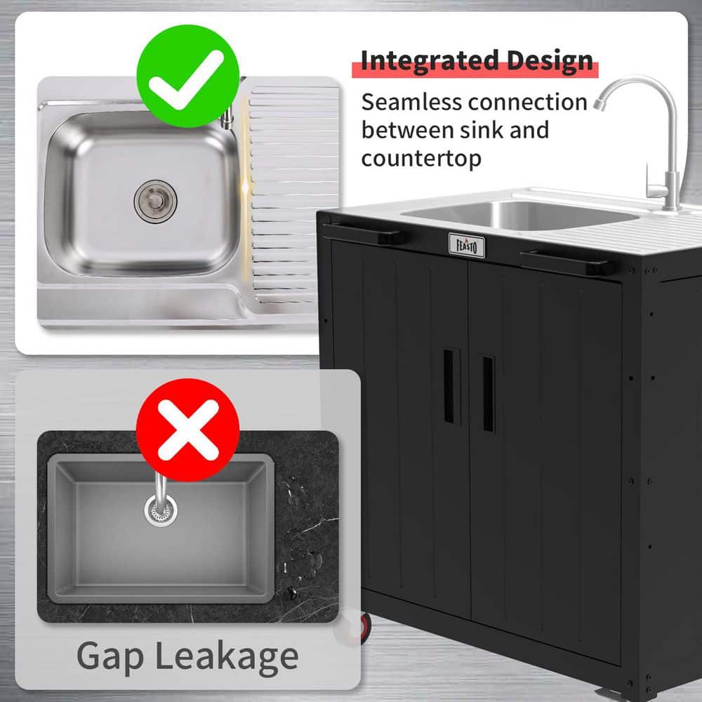 Freestanding Black and Stainless Steel Outdoor Sink Station with Cabinet