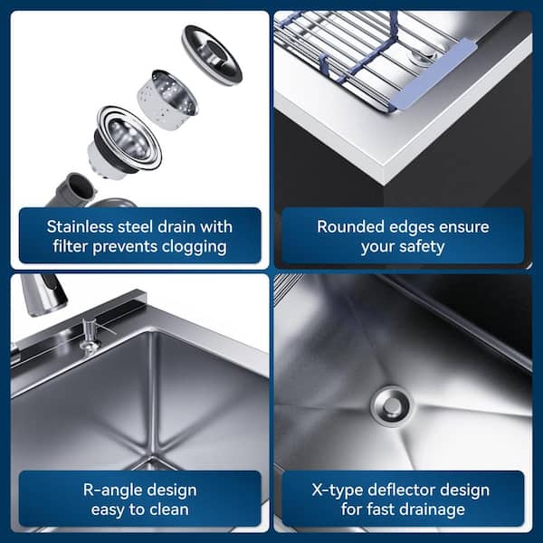 Adrinfly 20 in. D x 36 in. W Freestanding Stainless Steel Utility Sink in White with Faucet, Cold/Hot Water Hoses and Drain Kit