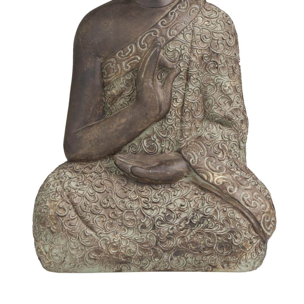 Brown Polystone Meditating Buddha Sculpture with Engraved Carvings