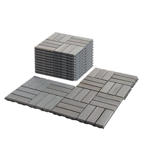 maocao hoom 10-Piece Interlocking Deck Tiles Checker Pattern 12 in. x 12 in. Square Acacia Flooring for Patio Balcony Pool Side Gray