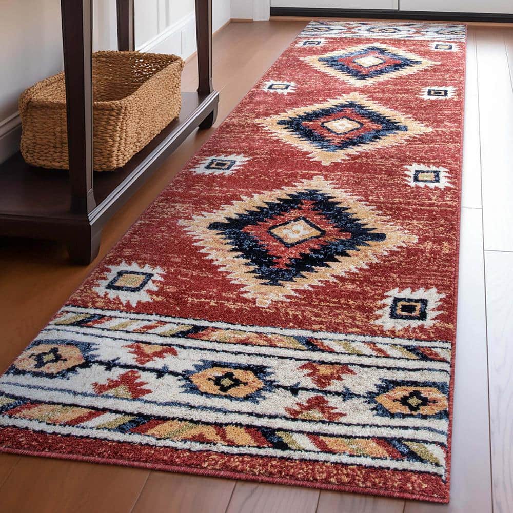 Crimson and Ivory Synthetic Southwestern Runner Rug 2'7" x 9'10"