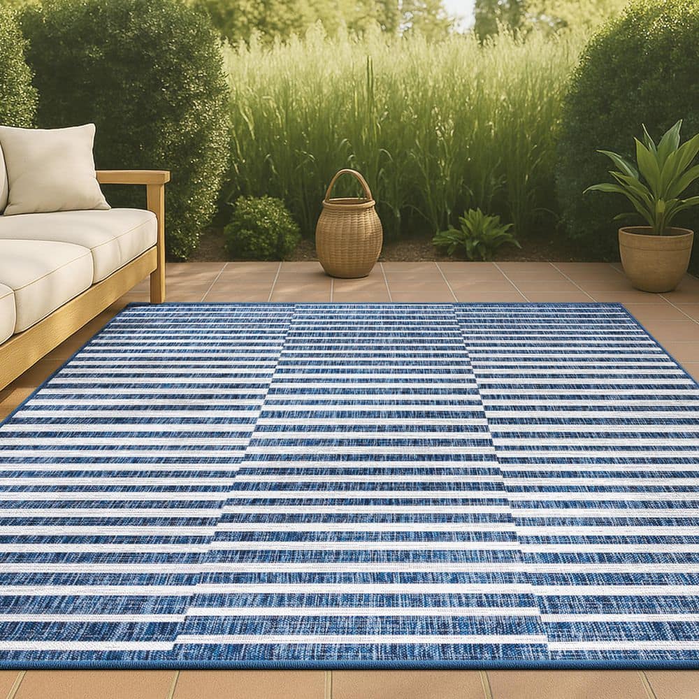 Sukie Modern Blue/Ivory 8 ft. x 10 ft. Offset Stripe Indoor/Outdoor Area Rug price history on PriceWatchPro