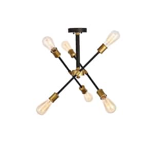 Timless Home 17.1 in. 6-Light Transitional Black and Brass Flush Mount with No Bulbs Included