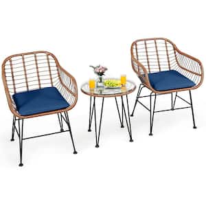3-Piece Wicker Outdoor Patio Conversation Seating Set with Navy Cushions