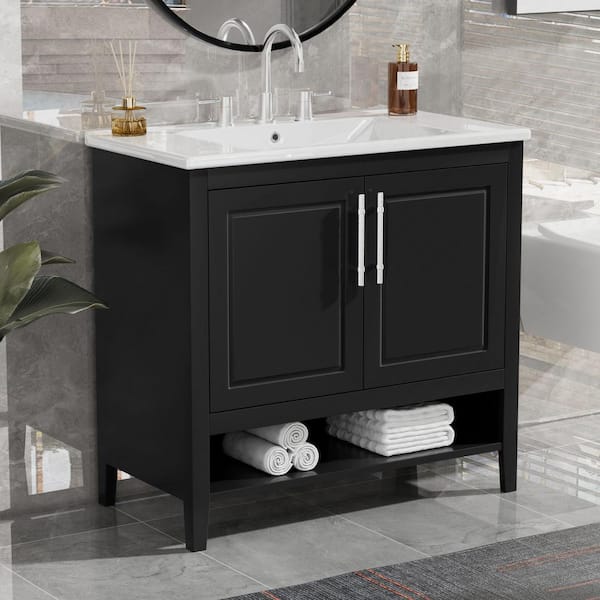 EPOWP 36 in. W x 18.3 in. D x 33.3 in. H Freestanding Bath Storage Vanity in Black with White Ceramic Top Single Basin Sink