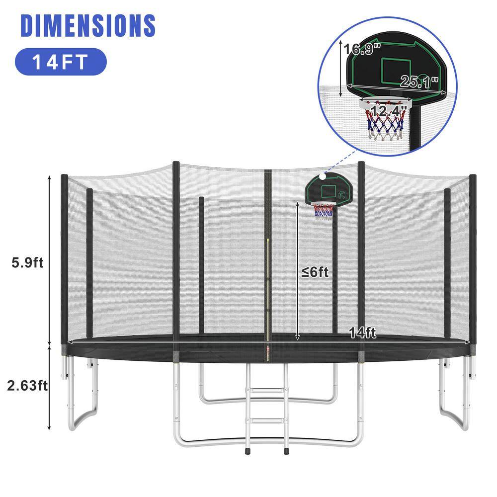 14FT Black Round Trampoline with Safety Enclosure and Basketball Hoop