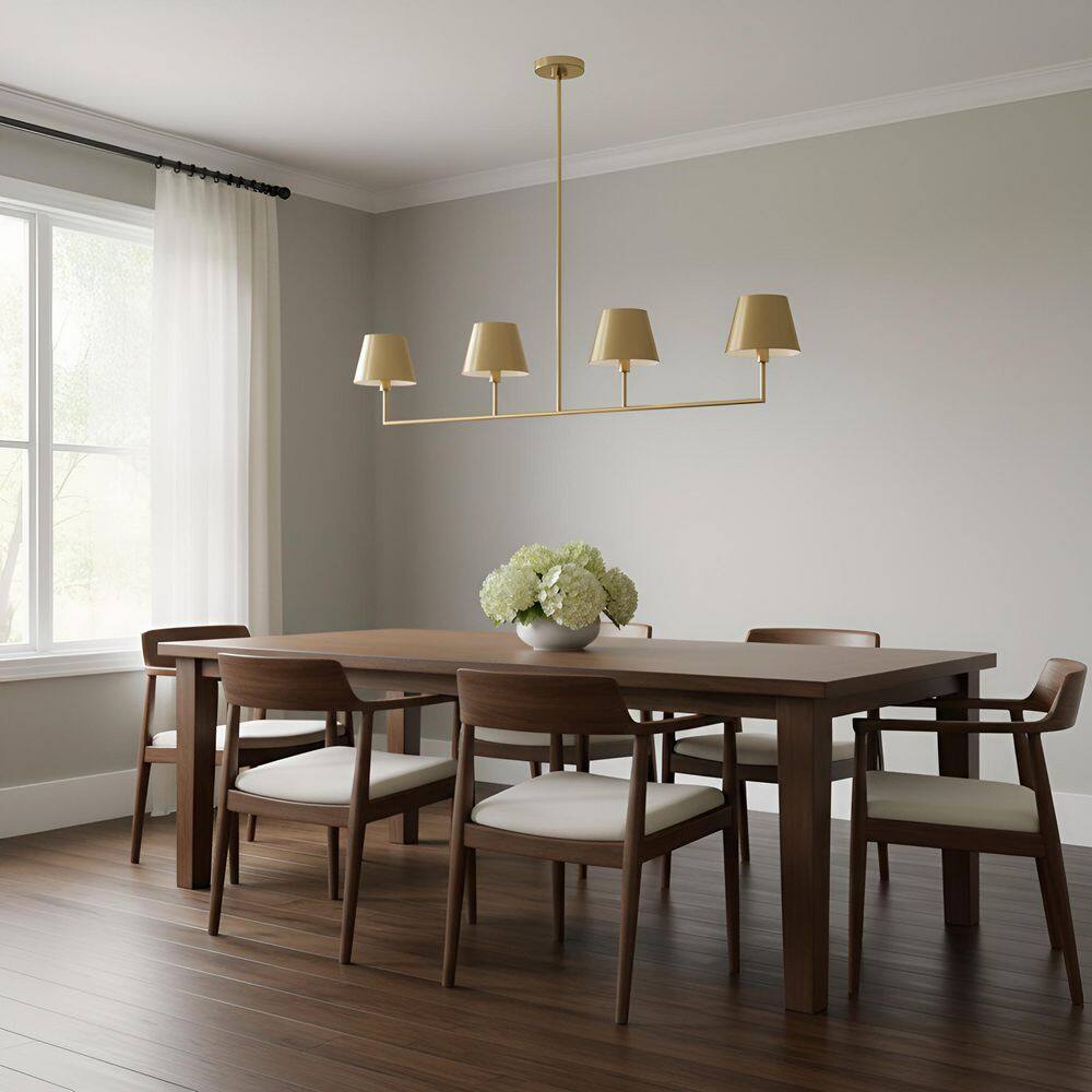 Ender 56 in. W x 9.5 in. H 4-Light Satin Brass Modern Linear Chandelier with Steel Shades and No Bulbs Included price history on PriceWatchPro